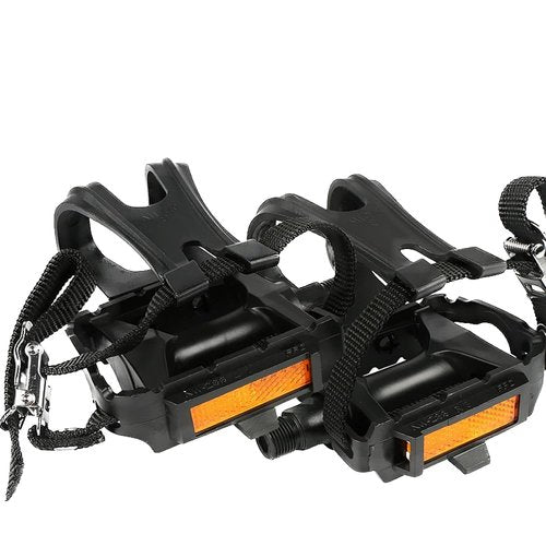 CGXYK Bike Pedals 9/16" Spindle with Adjustable Toe Cage Straps - Textured Surface for Road/Exercise/Gym Bicycles - Includes Mounting Hardware (Black)