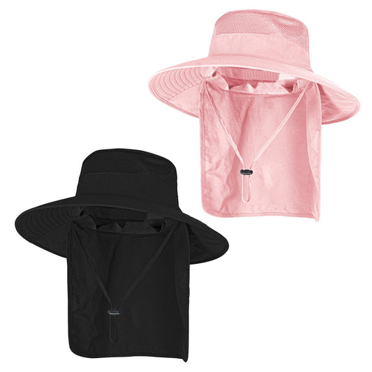 2Pack Sun Hats for Men Women Fishing Hat UPF 50+ Breathable Wide Brim Bucket Hats Summer UV Protection Safari Hat with Neck Flap Black/Pink