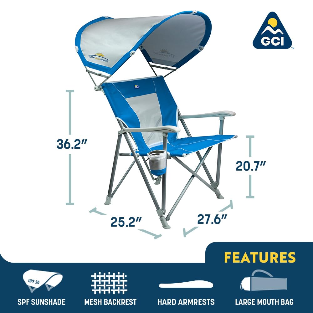 GCI Outdoor Sunshade Captain's Chair | Collapsible Folding Canopy Shade Chair with Durable Armrests, Drink Holder & Portable Carry Bag, Perfect for Beach Trips & Picnics — Saybrook Blue