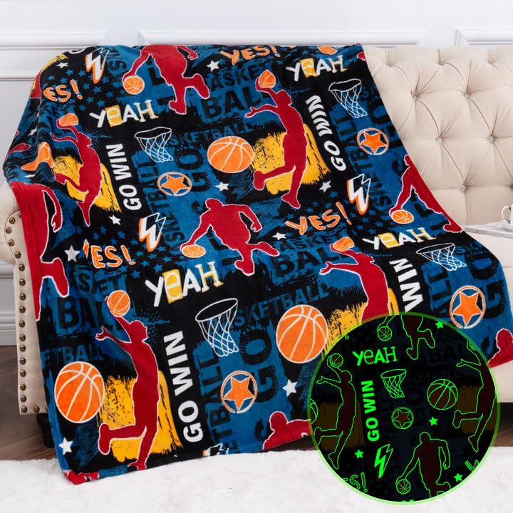 Glow in The Dark Basketball Blanket for Kids 50x60 Black Toddler Toy Gift