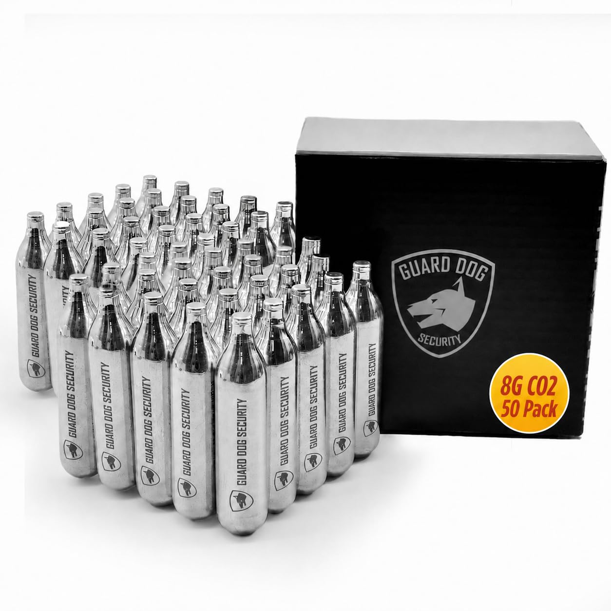 Guard Dog Security 8 Gram / 12 Gram Co2 Cartridges, Non-Threaded, CO2 cartridges BB Gun, CO2 BB Pistol, CO2 Airsoft Pistol, and CO2 Paintball Markers, Snug fit, Solid Seal (8G-50PC)