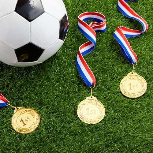 Gold 1st Place Medals Set - 2.5 Inch with Red, White & Blue Ribbon for Sports & Awards