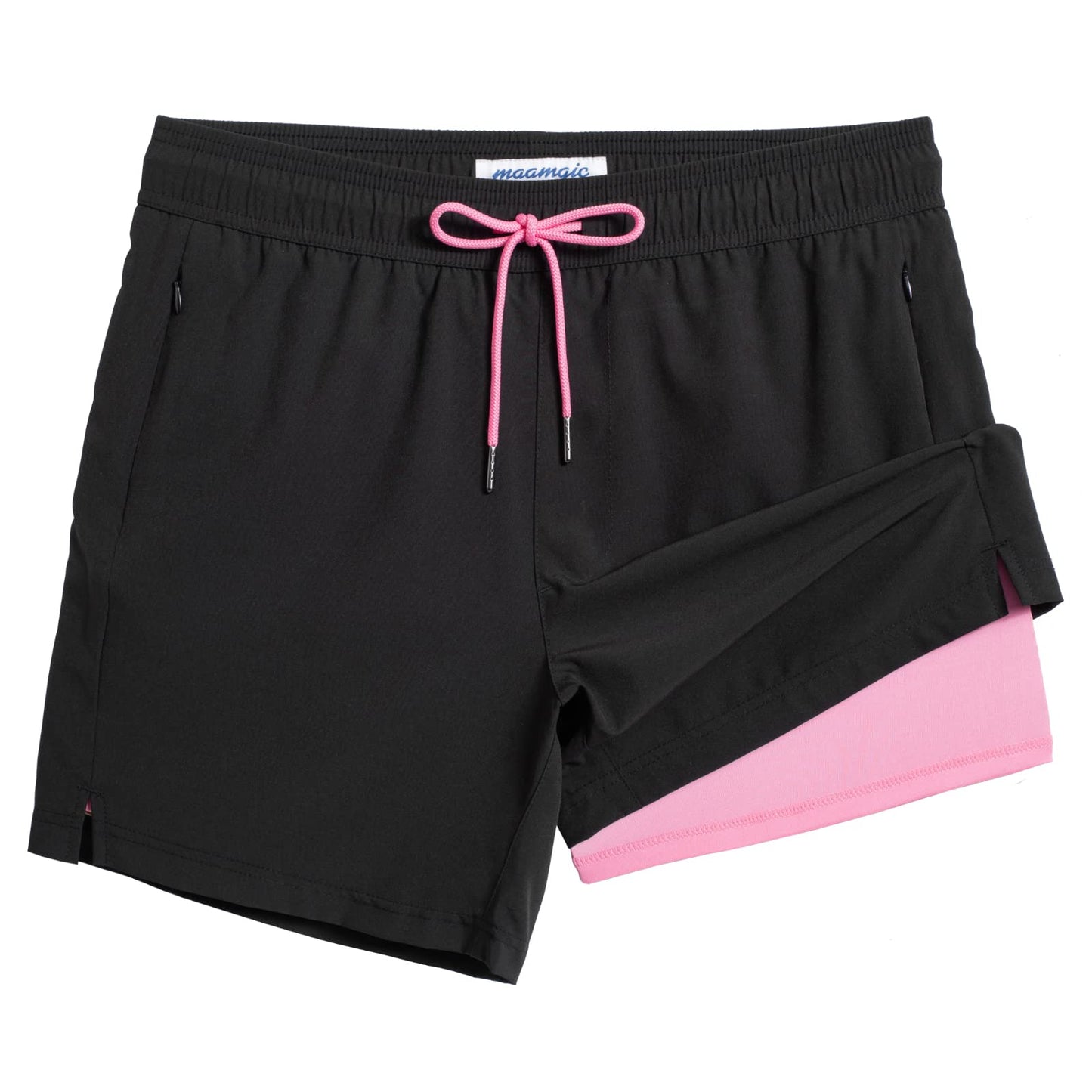 maamgic 5inch Mens Swimming Trunks with Compression Liner 2-in-1 Swim Trunks Stretch Quick Dry Swim Shorts with Zipper Pockets Black and Pink Large
