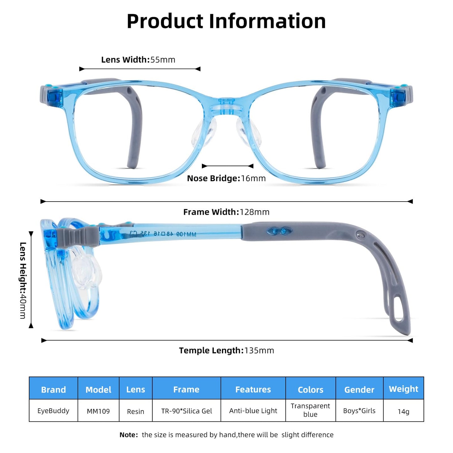 EYEBUDDY Kids Blue Light Blocking Glasses for Boys Girls, Computer Gaming Bluelight Glasses for Ages 3-10 (B02-Kids Blue Light Glasses-109Blue, Millimeters, Age7-13 | 55)