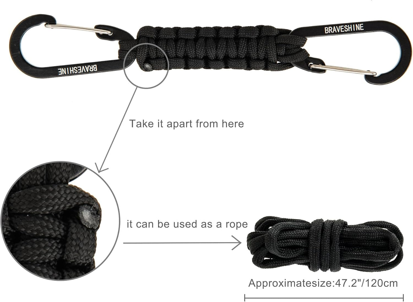 BRAVESHINE Carabiner Keychain Hook with Paracord Strap - 1 Black 1 Green D Ring Key Clips Para Cord Lanyard Hanger Stroller Hooks for Water Bottle, Belt Loop Keys, Backpacks, Boys, Girls, Men, Women