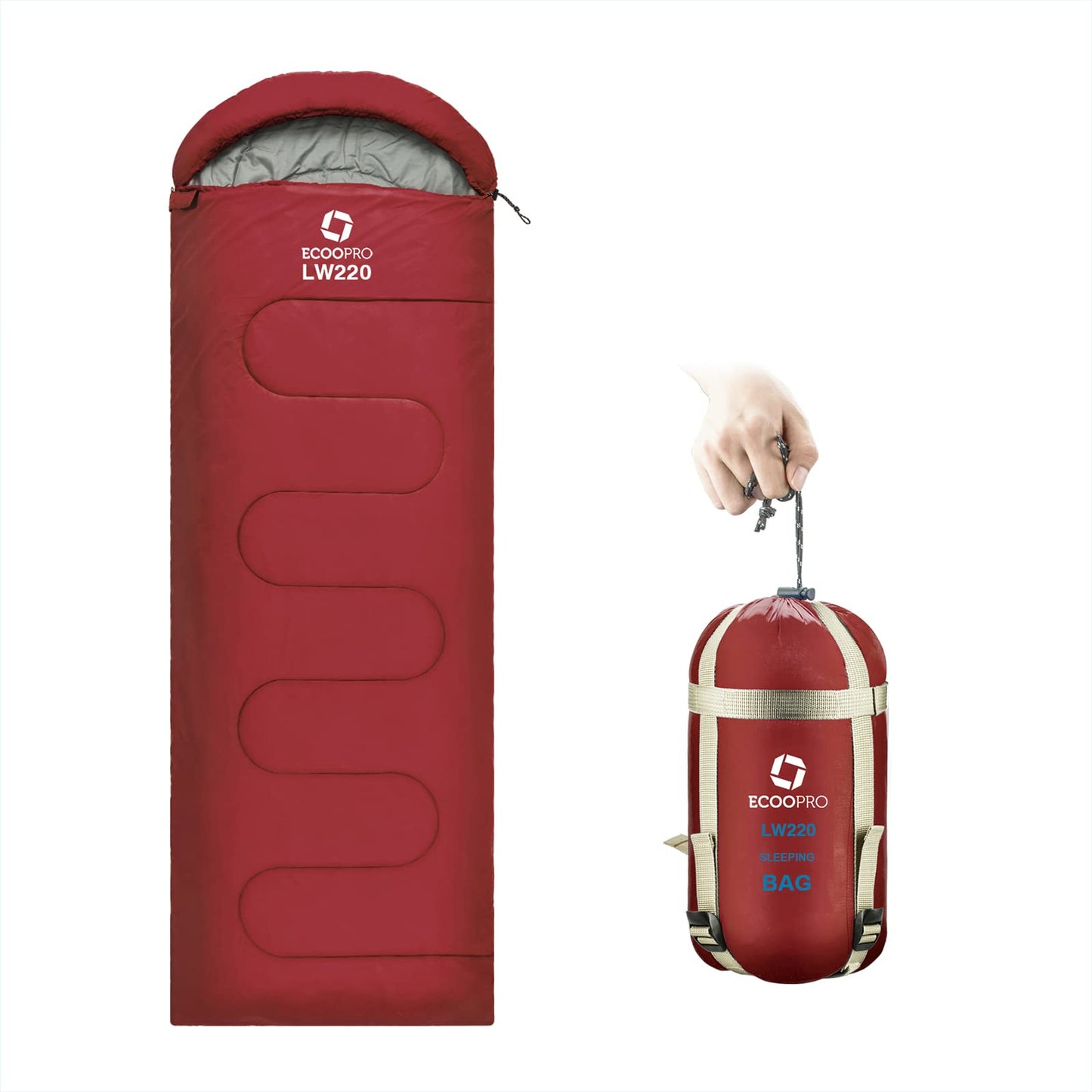 ECOOPRO Warm Weather Sleeping Bag - Portable, Waterproof, Compact Lightweight, Comfort with Compression Sack - Great for Outdoor Camping, Backpacking & Hiking - 83 L x 30 W Fits Adults (G-Wine Red)