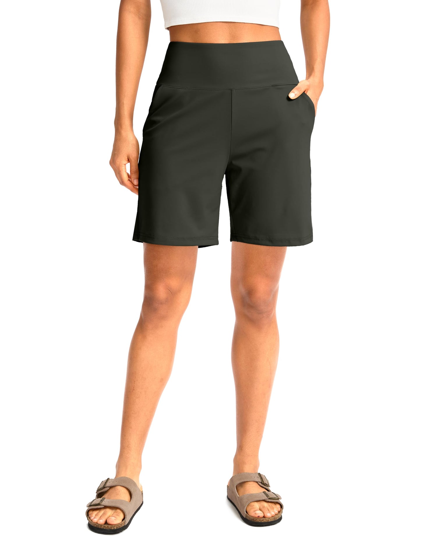 G Gradual Women's Bermuda Long Shorts with Pockets 7" High Waisted Knee Length Shorts for Women Walking Athletic Workout(Olive-L7,S)