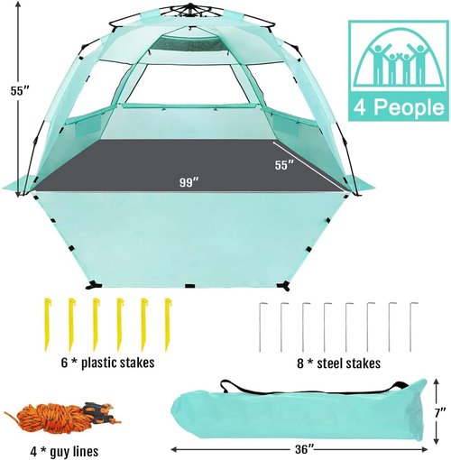 WhiteFang Deluxe XL Pop Up Beach Tent Sun Shade Shelter for 3-4 Person, UV Protection, Extendable Floor with 3 Ventilating Windows Plus Carrying Bag, Stakes, and Guy Lines (Mint Green)