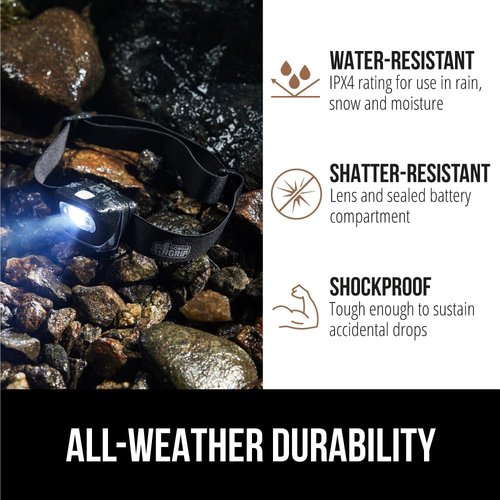 GORILLA GRIP Ultra Bright High Lumens LED Head Lamp, 7 Light Modes Water Resistant IPX4 Headlamp, Adjustable Headband, Battery Powered Outdoor Running, Camping Forehead Flashlight Lamps, 1 Pack Black