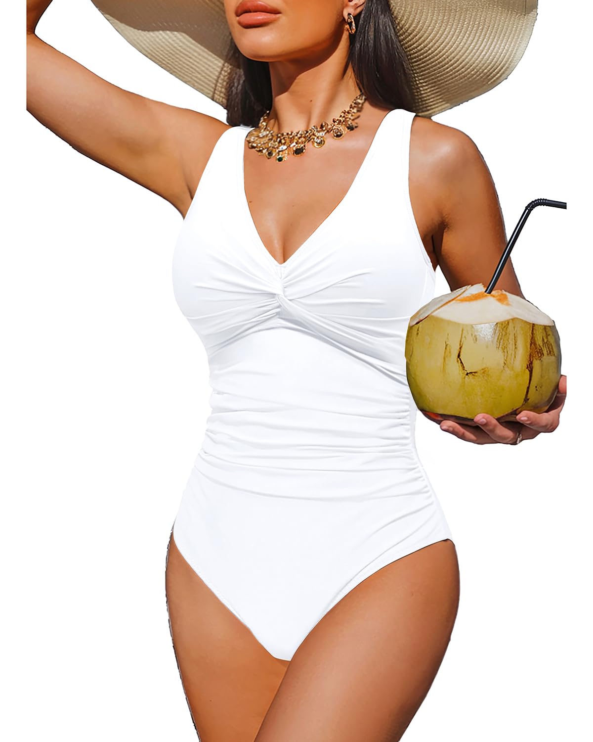 Holipick White Women Tummy Control One Piece Swimsuit - Push Up Bathing Suit Full Coverage Slimming Swimwear M