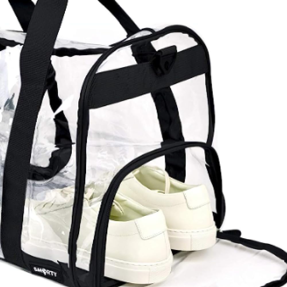 TXSN Heavy Duty Large Clear Duffel Gym Bag with Clear Bottom Transparent All Sides Shoe Pocket Removable Shoulder Strap for Men Women Fitness Security Check, Black