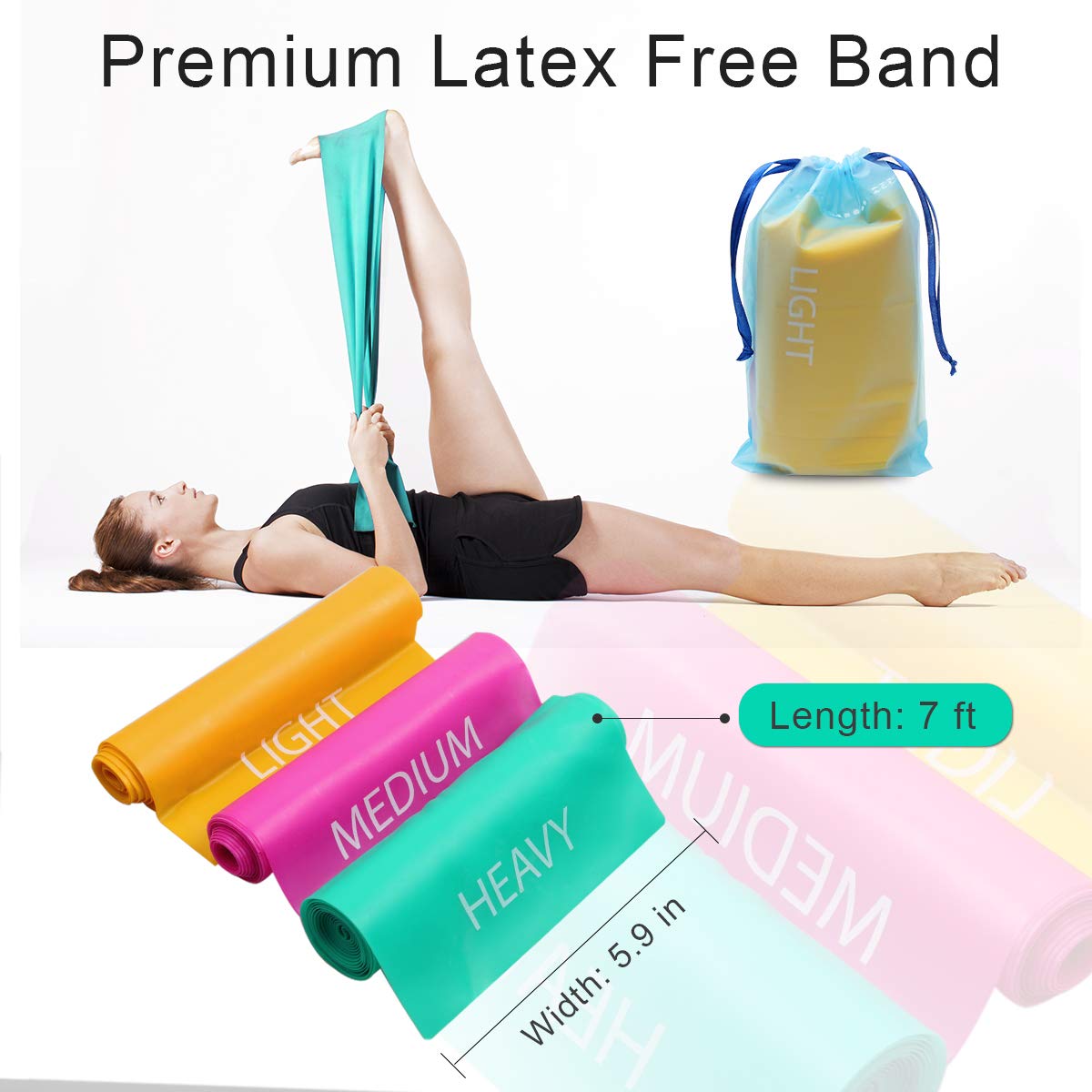 Coolrunner 7FT. Long Latex Free Elastic Flat Exercise Band Set of 3 with Carry Bag, Wide Fitness Resistance Bands for Pilates, Gym, Physical Therapy, Yoga, Carry Bag, Green & Yellow & Rose Red