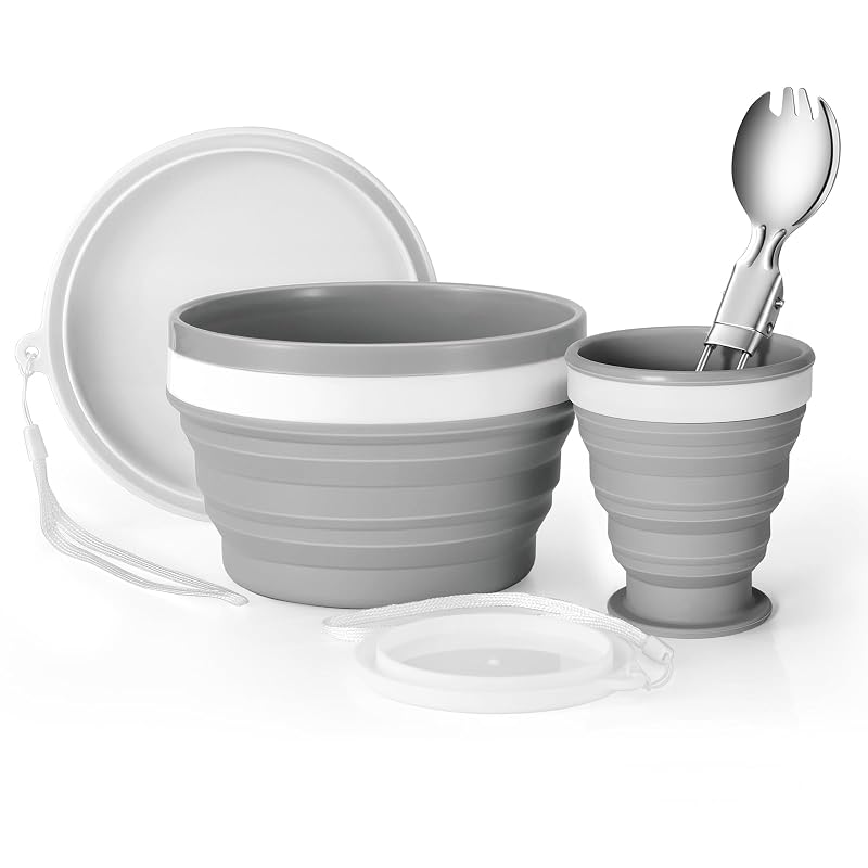 Collapsible Silicone Cup and Bowl Mess Kit for Camping, 950ml Bowl + 200ml Cup