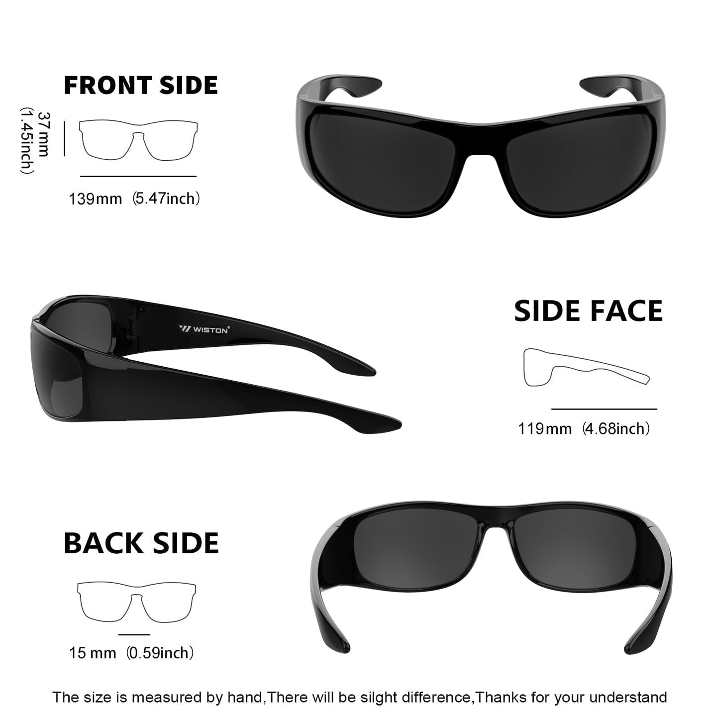 WISTON Wrap Around Sunglasses for Men Women Super Dark Blackout Sunglasses for Sensitive Eyes UV400 Protection W8005 Glossy Frame/Superdark Lens-61 Millimeters Non-Polarized