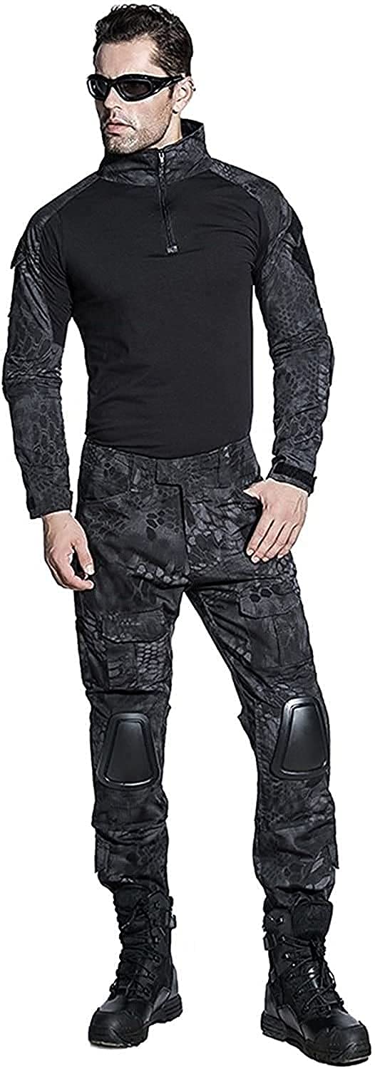 HARGLESMAN G3 Combat Clothes Suits Black Python with Elbow Knee Pads for Men Tactical Shirts Trousers for Work Training Hunting Military Airsoft Paintball Uniform Sets Apparel Gear Black Python M