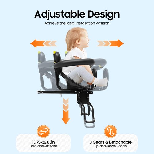 Kreiaoer Kids Bike Seat with Safety Harness & Footrest, Adjustable Front Mount Child Bike Seat, Child Bicycle Seats for Children 1~5 Years – Compatible with Most Adult Mountain Bikes