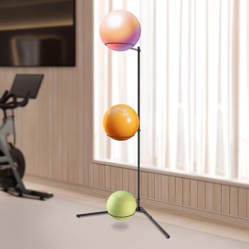 Seoqudcty 3-Ball Exercise Ball Rack,Exercise Ball Holder Vertical Storage,Stability Ball Stand with Non-Slip Feet,Black Iron Design for Yoga,Gym,and Home Use - Freestanding and Space-Saving