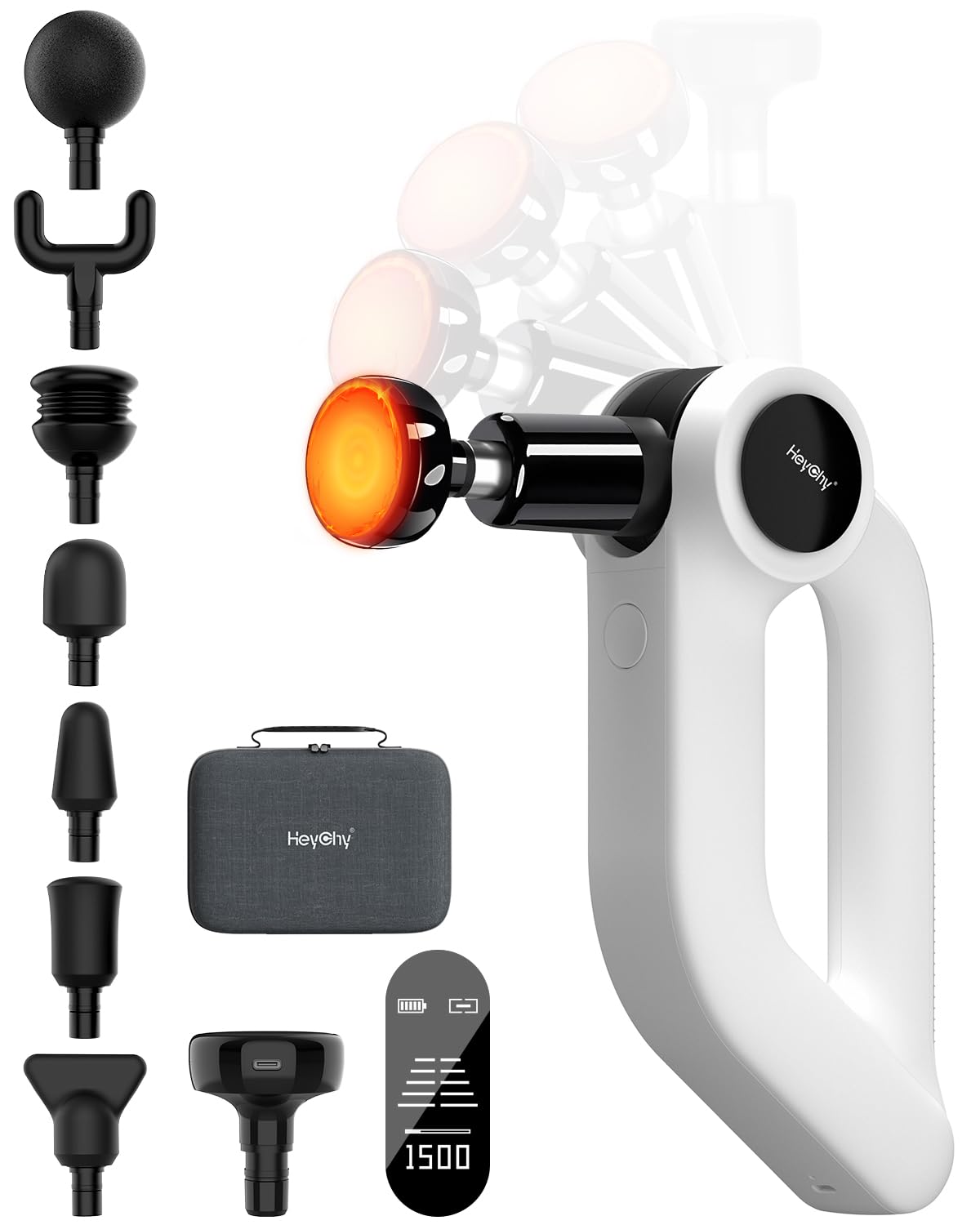 HEYCHY Massage Gun Deep Tissue with Heat Therapy, 12mm Amplitude Muscle Massager for Athletes, 5 Speeds & 4 Modes Massager Gun for Neck Back Shoulder Leg Pain Relief - Perfect for Men, White