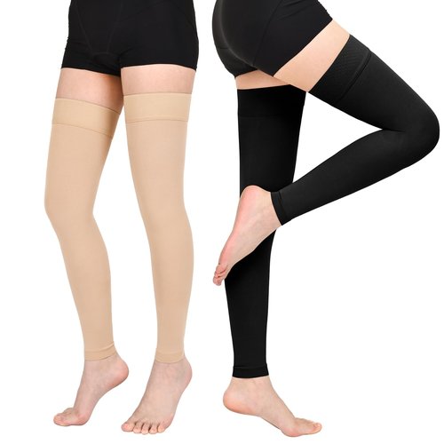 Wegitcs 2 Pairs Thigh High Compression Stockings for Women Men, 20-30mmHg Footless Graduated Compression Socks, Medical Support Sock for Varicose Veins,Edema,Post-Surgery,Sports (Beige&Black, Large)