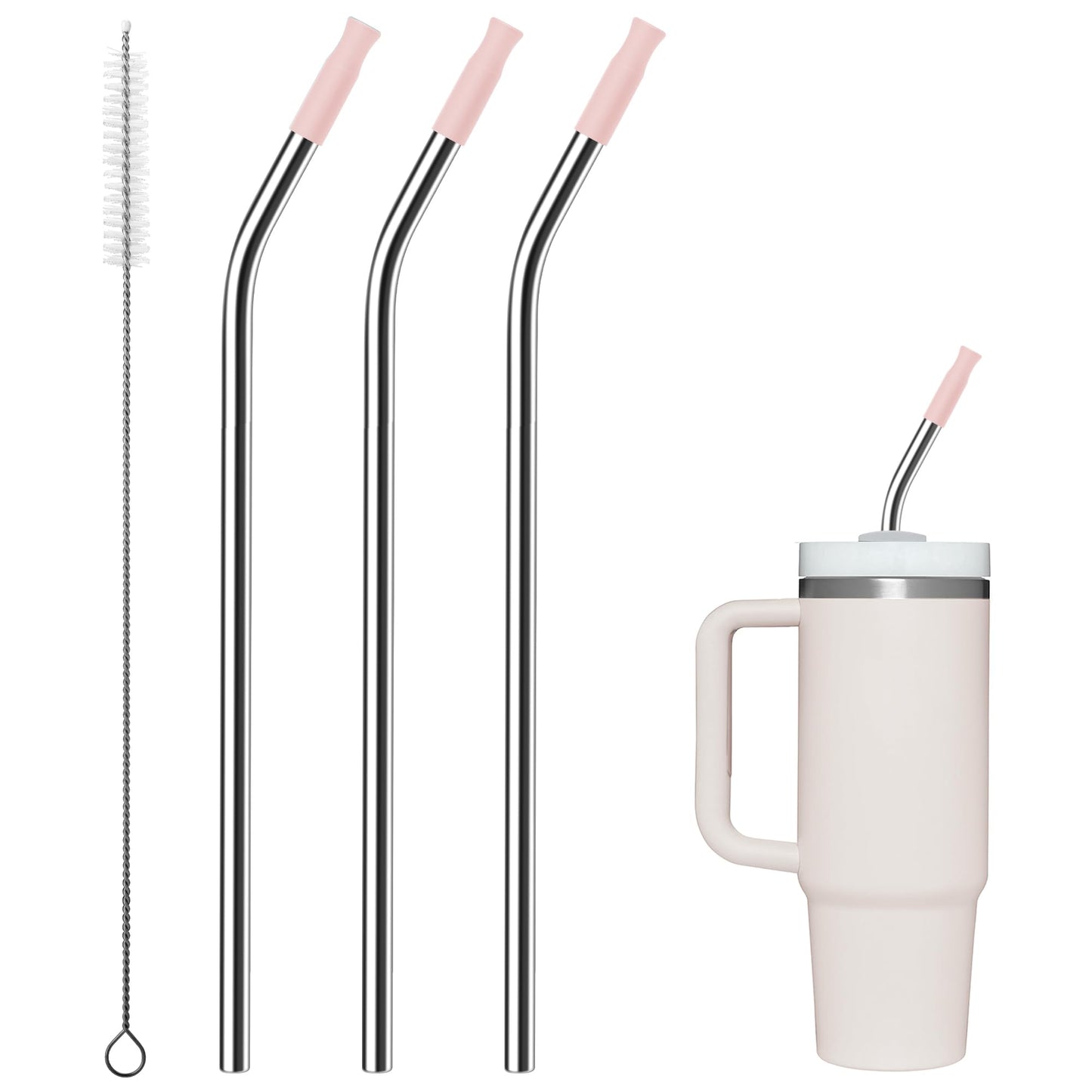 Prurex Bent Metal Straws for for Stanley 30oz, 3 Pcs Reusable Stainless Steel Straw with Silicone Tips, Drinking Straw for 30oz Tumbler, Fit for Coffee, BPA Free (Rose Quartz)