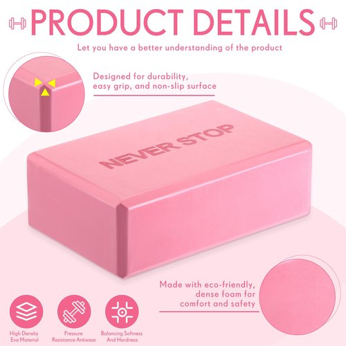 RoundFunny 4 Pack Yoga Blocks Non Slip Pilates Brick Foam Blocks Pilates Dance Gymnastics Workout Fitness Props Tool for Stretching Meditation and Exercise(Pink)