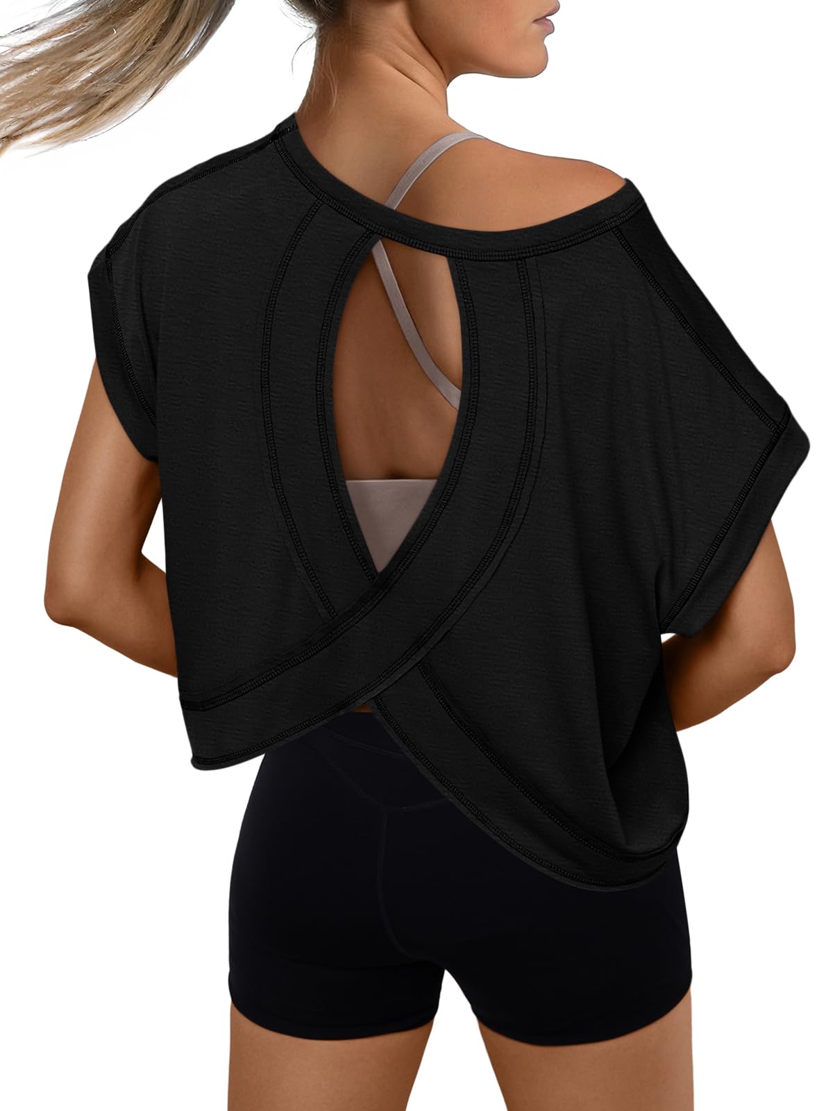 AUTOMET Womens Open Back Workout Crop Tops 2026 Summer Backless Cute Short Sleeve Athletic Shirts Oversized Gym Yoga Tee Black S