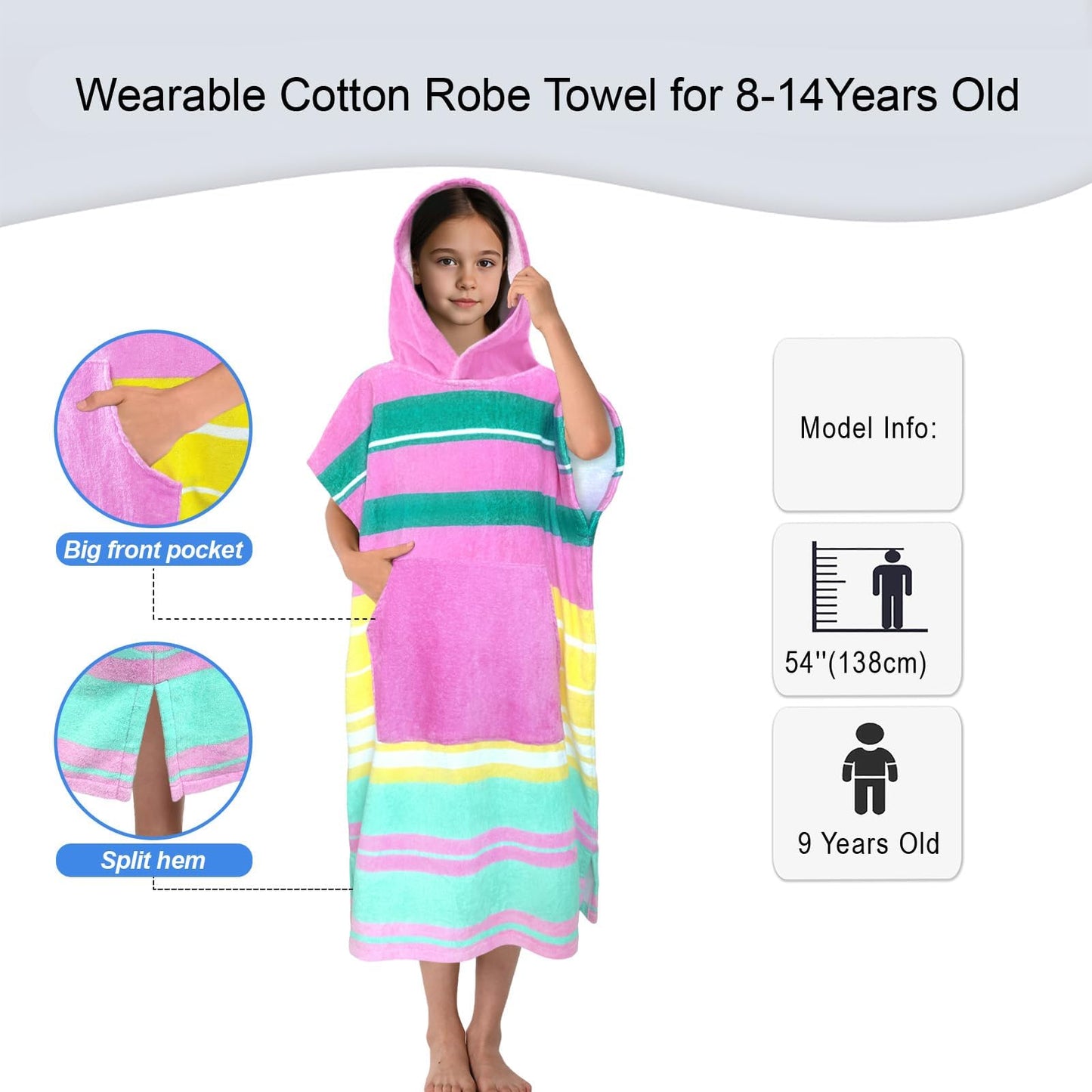 Hooded Towel Robe for Girl Teens (8-14 Years,36"X26") | Premium 100% Cotton Oversized Poncho Towel for Big Kids | Super Absorbent Hooded Towel Dress for Pool, Beach, Bath & Swim | Striped Design