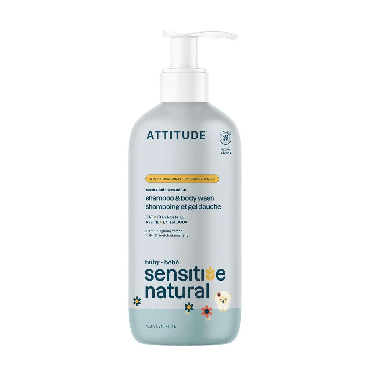 ATTITUDE Baby 2-in-1 Shampoo and Body Wash, EWG Verified, Plant- and Mineral-Based Ingredients, Vegan and Cruelty-Free Products for Sensitive Skin, Unscented, 16 Fl Oz