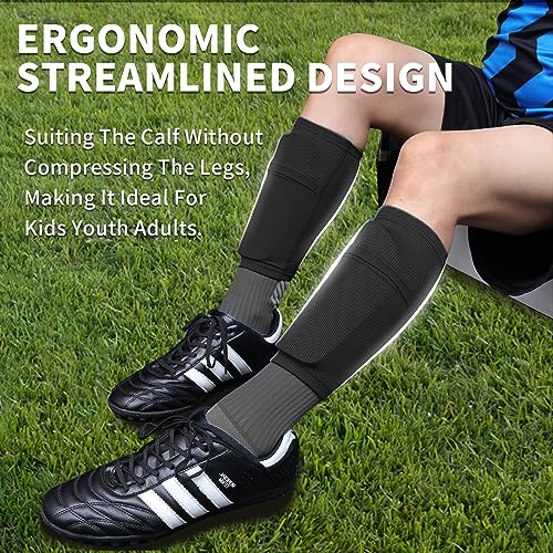 Kids & Adults Soccer Shin Guards with Sleeves - Black, Medium (4'3"-4'11" Tall)