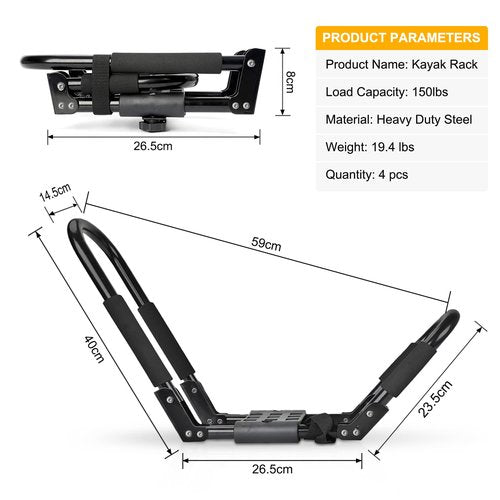 Ediors Folding Kayak Roof Rack 2 Pairs, 4pcs J-Bar Car Roof Racks for Kayak, Canoe, Paddle Boards, Skiboard, Surfboard, Foldable Kayak Roof Carrier for Car, SUV, Truck, Black (Folding Kayak Rack)