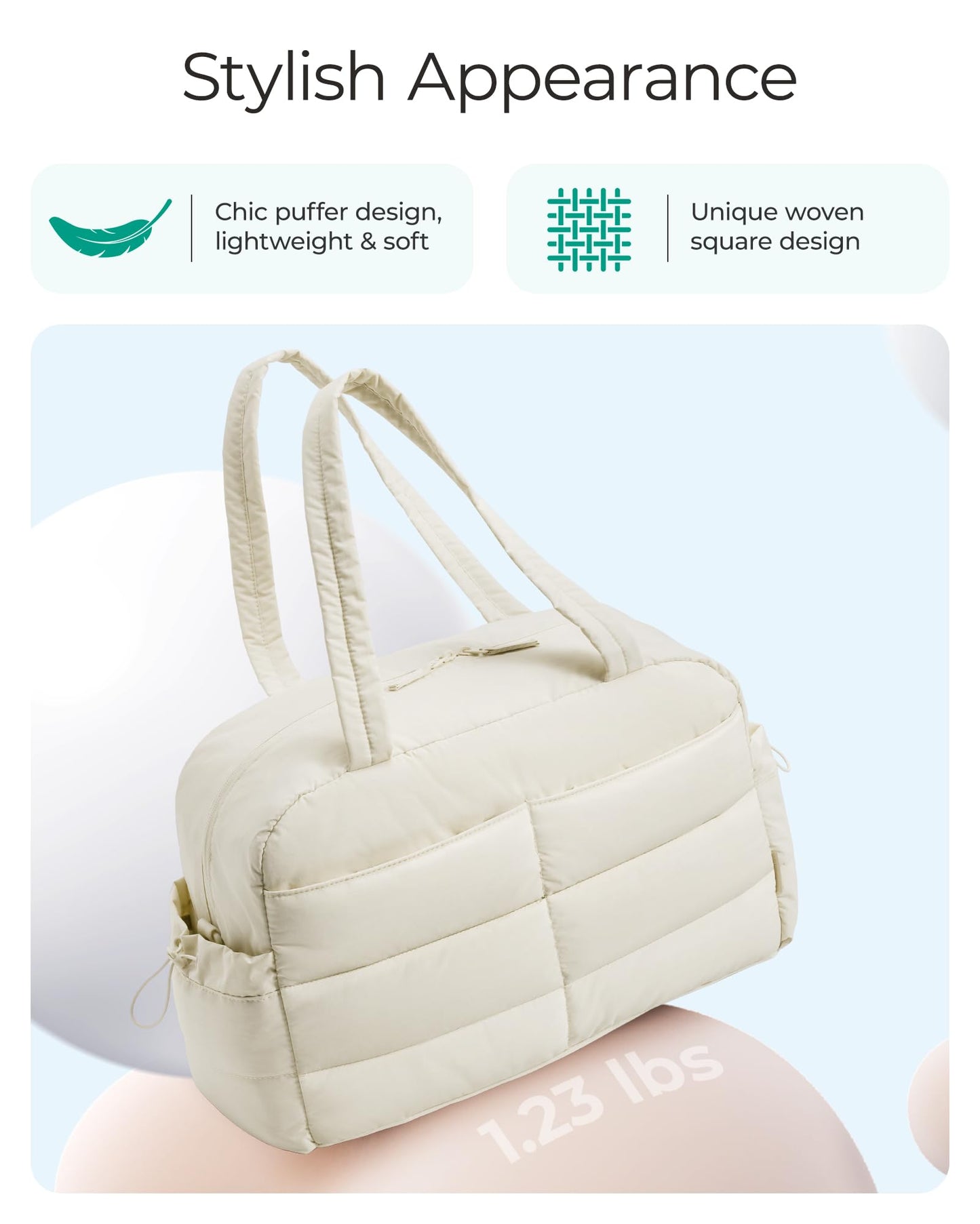 BAGSMART Gym Bag for Women, Lightweight Puffer Duffle Bag 2-PC Travel Bag, 31L Weekender Overnight Bag Quilted Carry On Tote Bag, Diaper Hospital Dance Bag for Travel, Gym, Water Resistant, Beige
