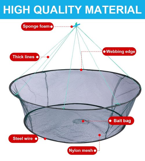 Foldable Fishing Net, Nylon Minnow Trap Crab Trap Crab Net, Drop Net for Pier Fishing, Drop Nets for Pulling Up Fish with Rope, Portable Bridge Fishing Nets for Minnows Crawfish Shrimp (32inch)