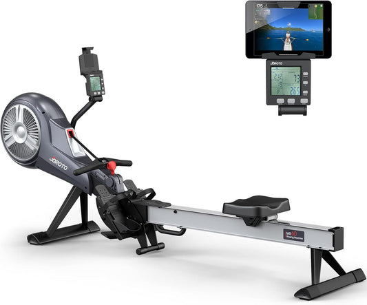 JOROTO Rowing Machine for Home Foldable, Air Magnetic Rowing Machines with 10-Level Adjustable Resistance, Quiet Ergonomic Seat，Bluetooth App, Max 350LBS, Space-Saving Home Gym, Gray