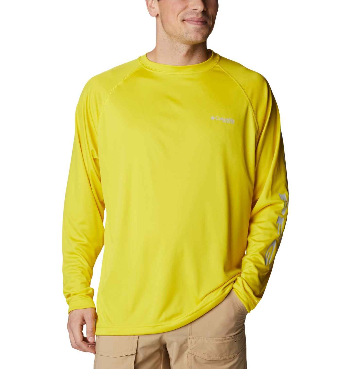 Columbia Men's Terminal Tackle Long Sleeve Fishing Shirt, Laser Lemon/Cool Grey Logo, Medium