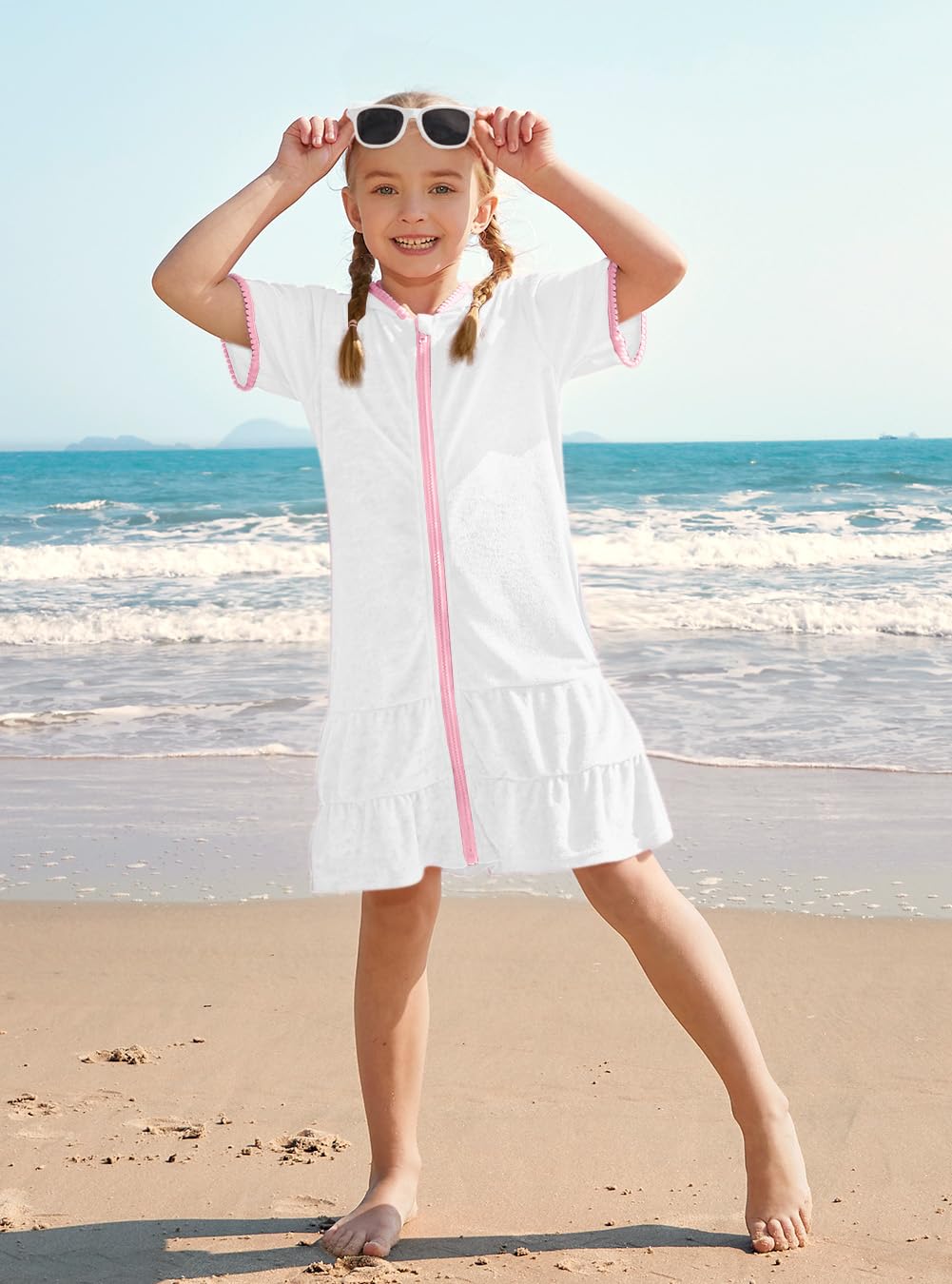 Little Girls Full Zip Ruffle Hem Short Sleeve Bathrobe with Pockets Solid Pink Beach Terry Swim Cover Up 9-10 Years