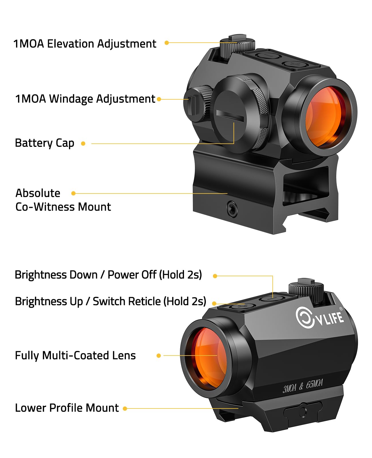 CVLIFE Multiple Reticle 3 MOA Dot & 65 MOA Circle Red Dot, Motion Awake Red Dot Sight, 1x20mm Red Dot Scope Optics with Absolute Co-Witness Riser and Low Mount for 21mm Picatinny Rail