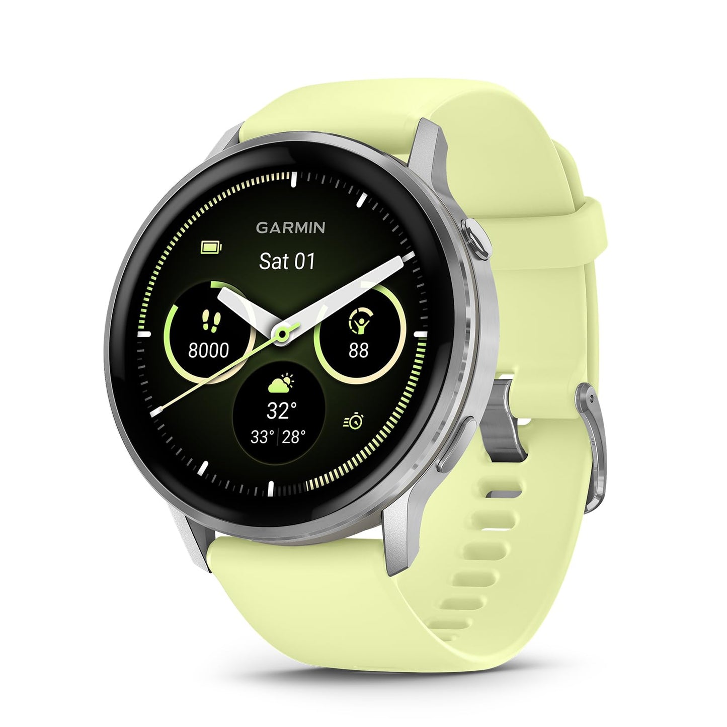 Garmin Venu® 4, 45mm, Advanced Health and Fitness GPS Smartwatch, Bright and Colorful Display, Built-in Flashlight, 12 Days of Battery Life, Silver with Citron Silicone Band