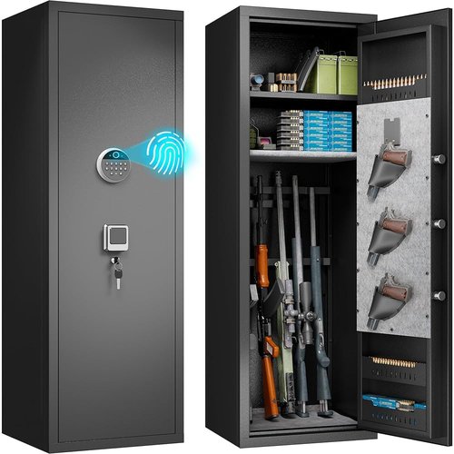 Biometric Gun Safe for Home, Large Capacity Rifle & Pistol Safe with 3 Pistol Pouches, Gun Safe Cabinet with Quick-Access Lock,Fingerprint password lock, No Assembly Required (57"H 14"W 12''D）