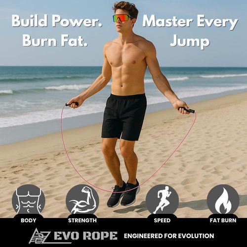 EVO Rope - Weighted Jump Rope for Men & Women ??Adjustable Heavy Skipping Rope with Ergonomic Anti-Slip Handles ??Tangle-Free Ball Bearings ??Ideal for HIIT, CrossFit, Boxing, MMA, Muay Thai, Cardio, Home Gym, & Full-Body Fitness