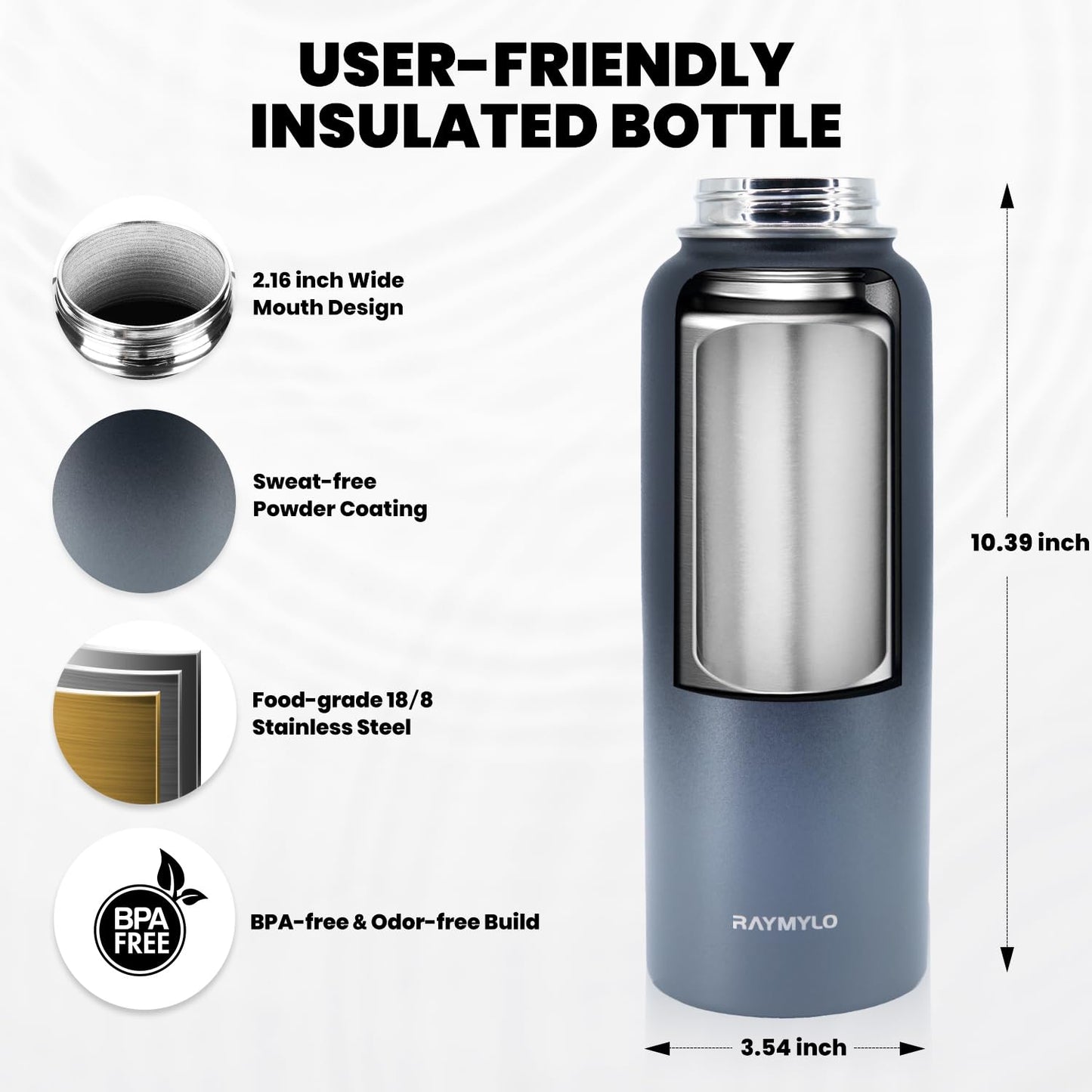 RAYMYLO Insulated Water Bottle 40 oz, Triple Wall Vacuum Stainless Steel (Cold for 36Hrs, Hot for 18Hrs), Leak Proof & Non-BPA, Modern Water Flask Jug with Paracord Handle & Straw Spout Lids