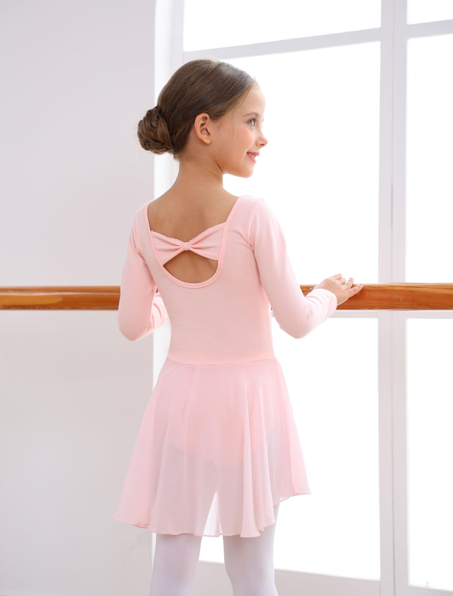 MdnMd Long Sleeve Toddler Ballet Leotards for Girls Dance Leotard Skirted Gymnastics Ballerina Dress AM300 (Ballet Pink, 2-4 Years)