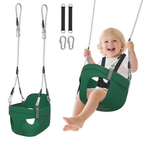 Toddler Swing, Heavy Duty Kids High Back Bucket Swings Ages for 3-6 with Snap Hooks and Safety Harness, Safety Design Easy Install Baby Swing for Outdoor Playground, Backyard (Green)