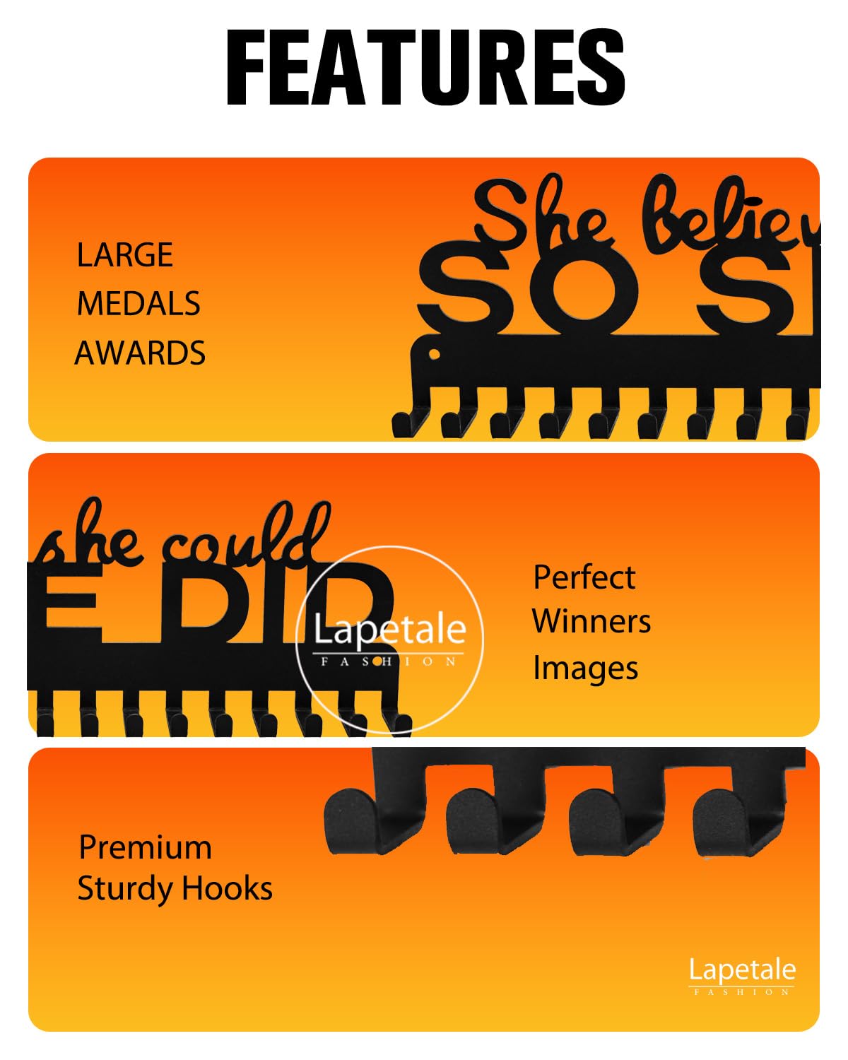 Lapetale Fashion Metal Medal Hanger Display for 63 Medals – She Believed She Could So She Did (16" Wide with 20 Hooks) - Black- Awesome Gifts-Patent NO.983560S