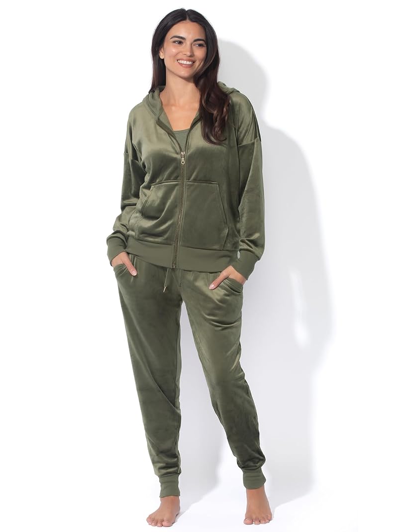 Felina Womens Velour Zip Hoodie & Jogger Set - Deep Olive, Large