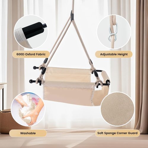 ROPECUBE Minimalist Style Swing Chair with Heavy Duty Ropet, Doorway Swing for Kids and Adult Indoor Outdoor for Little tikes for Playground, Backyard Home (Beige)