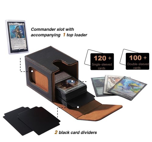 Venssu MTG Deck Box for Commander Display,Card Deck Box Fits 100 Double Sleeved Cards, TCG Card Storage with 2 Dividers and 1 Toploader (Black＆Brown)