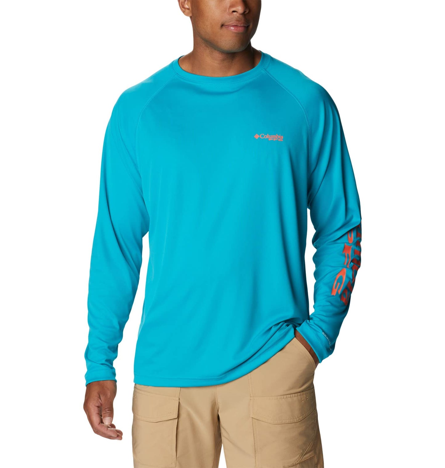 Columbia Men's Terminal Tackle Long Sleeve Shirt, Ocean Teal/Corange Logo, Large Tall