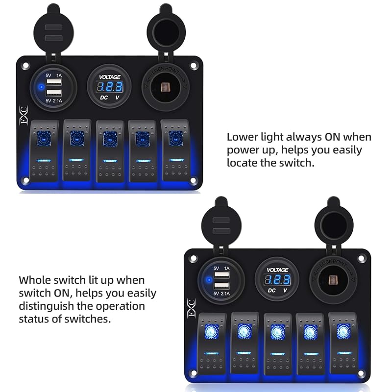 5-Gang Blue Aluminum Waterproof Marine Switch Panel with Dual USB 3.1A & Volt Meter