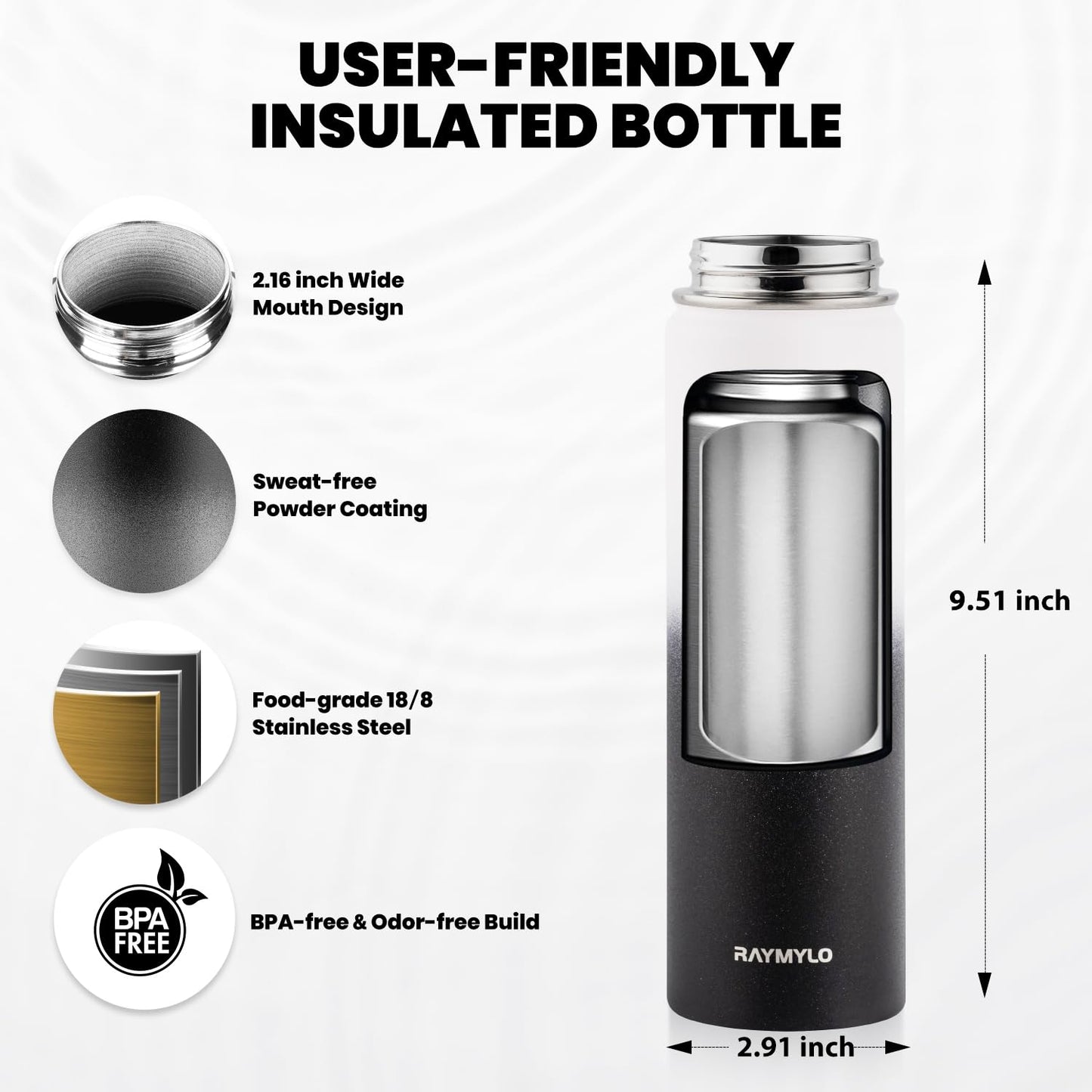RAYMYLO Insulated Water Bottle 20 oz, Triple Wall Vacuum Stainless Steel (Cold for 24Hrs, Hot for 12Hrs), Leak Proof & Non-BPA, Modern Water Bottle Jug for School with Straw Spout Lids