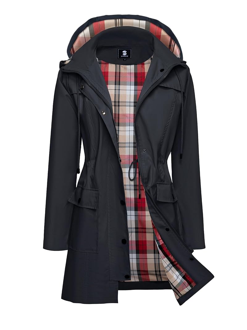 SaphiRose Women's Waterproof Rain Jacket Hooded Lightweight Trench Coat - Black, Medium